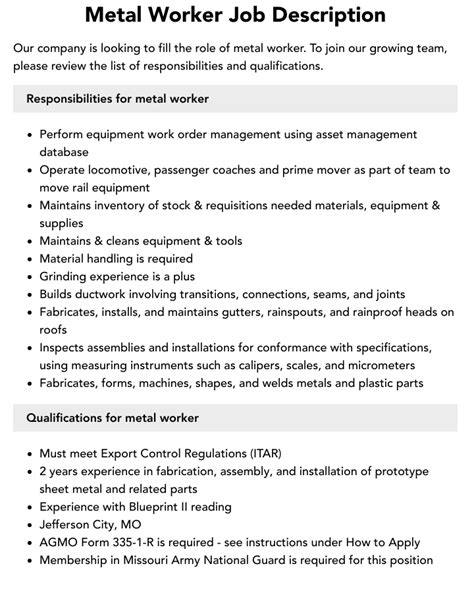 sheet metal worker job description|steel worker duties and responsibilities.